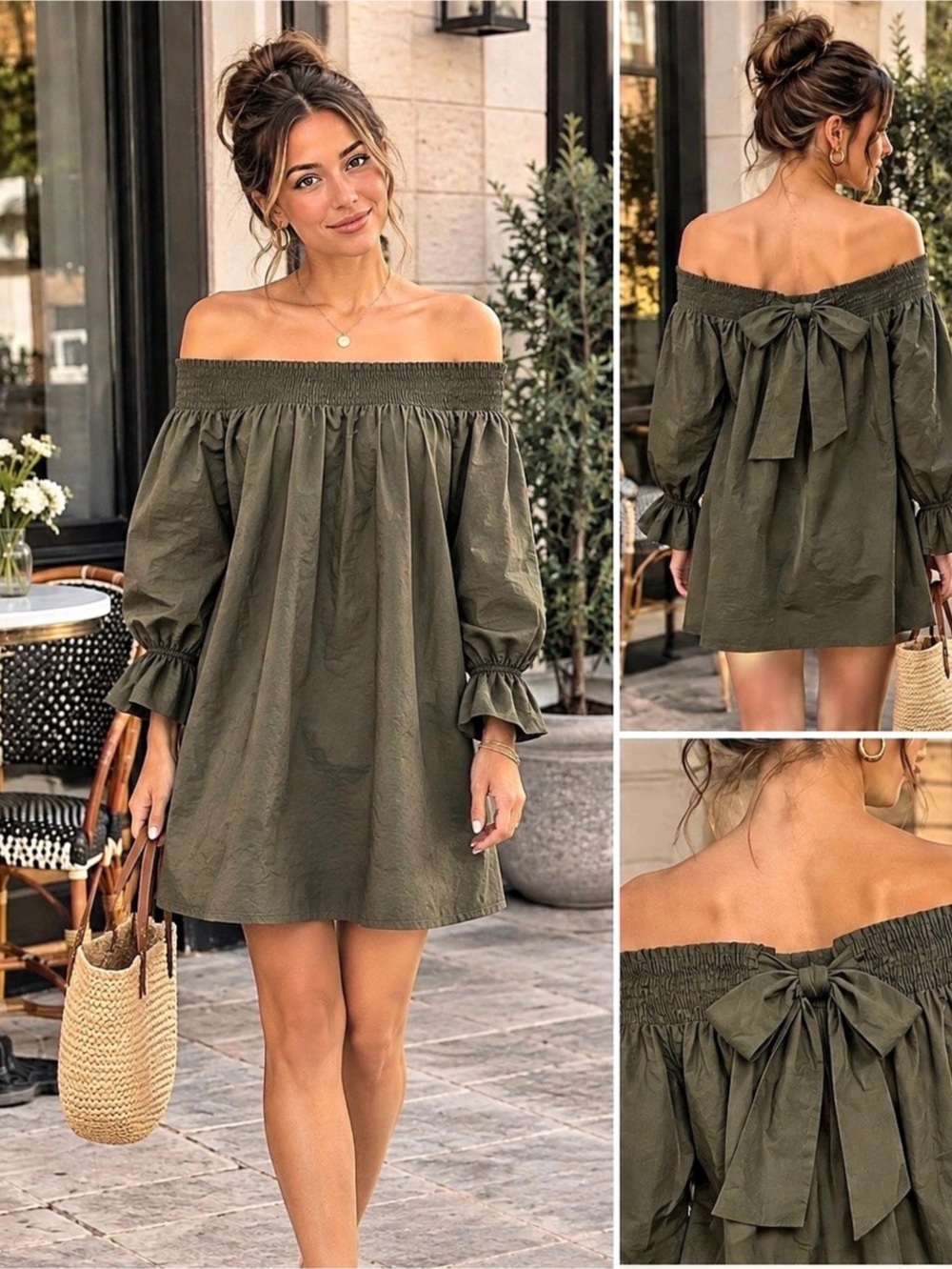 Bardot Off-Shoulder Mini Dress with Statement Bow in Back Olive Green Like New